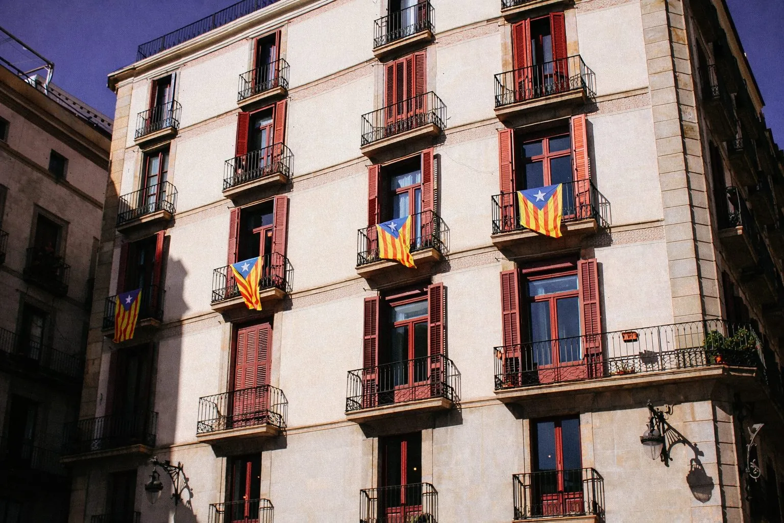 Catalan independence flags hanging from apartment balconies