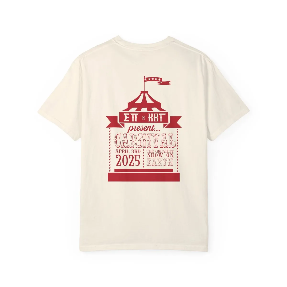 Back of the Carnival tee: ΣΠ x ΚΚΓ present Carnival, April 3rd 2025, The Greatest Show on Earth, in red circus lettering