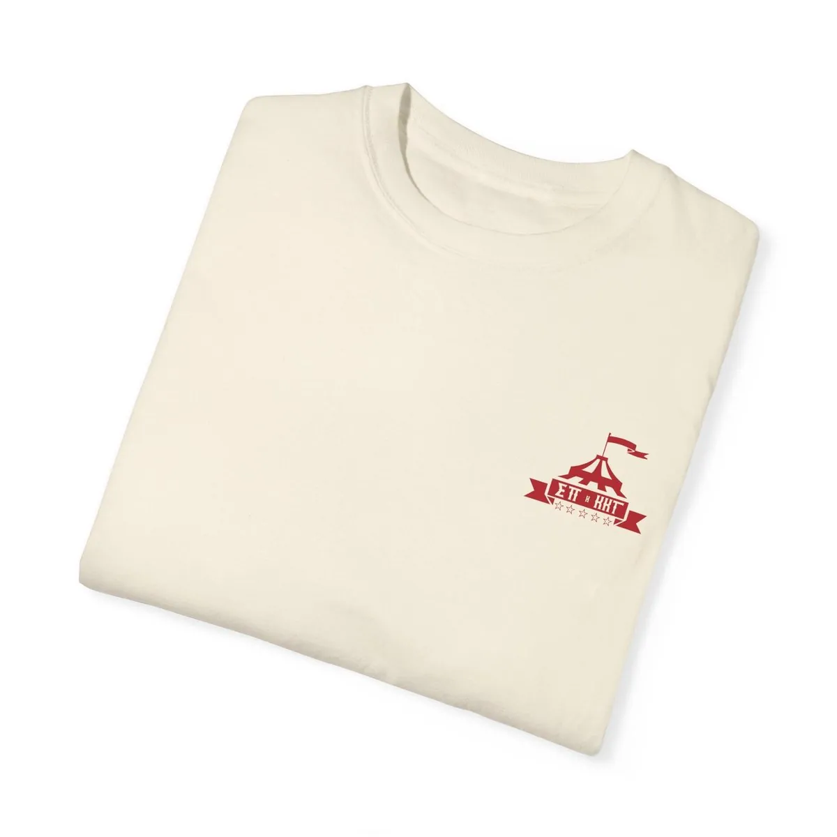 Front of the cream Carnival tee: a small red circus tent logo with ΣΠ x ΚΚΓ on a banner