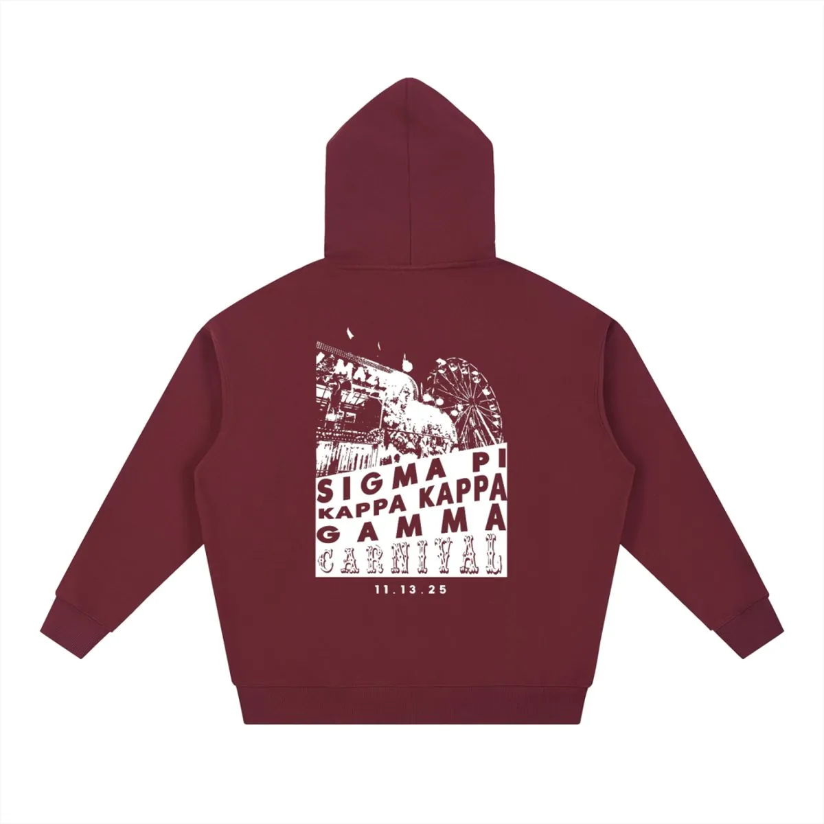 Back of the maroon hoodie: a white print of carnival rides and a Ferris wheel over Sigma Pi Kappa Kappa Gamma Carnival, 11.13.25