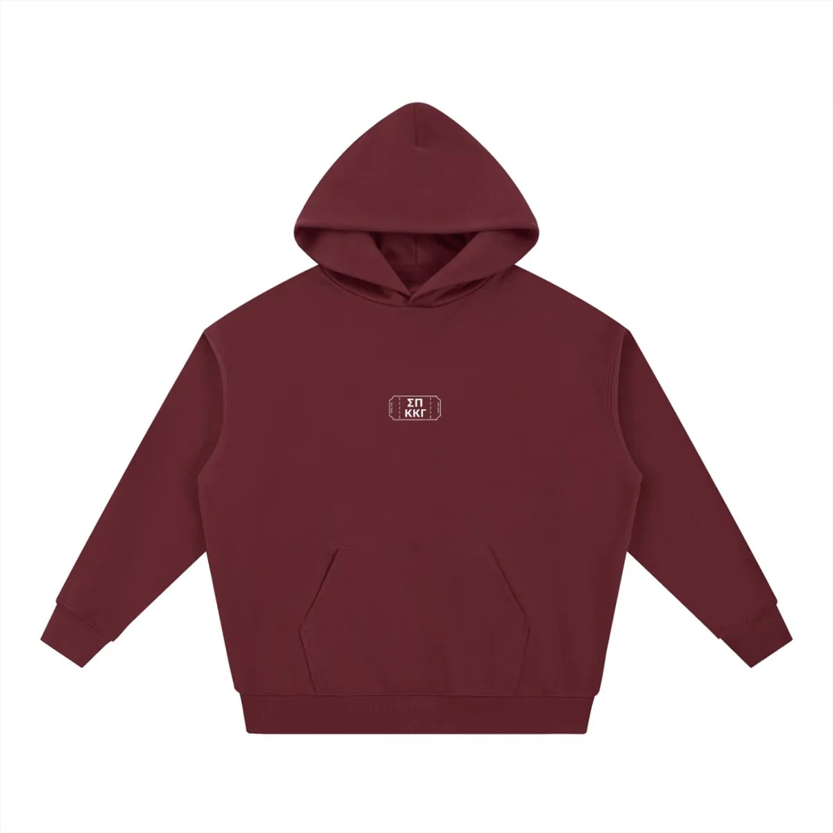 Front of the maroon Carnival hoodie: a small ticket-stub mark with ΣΠ and ΚΚΓ