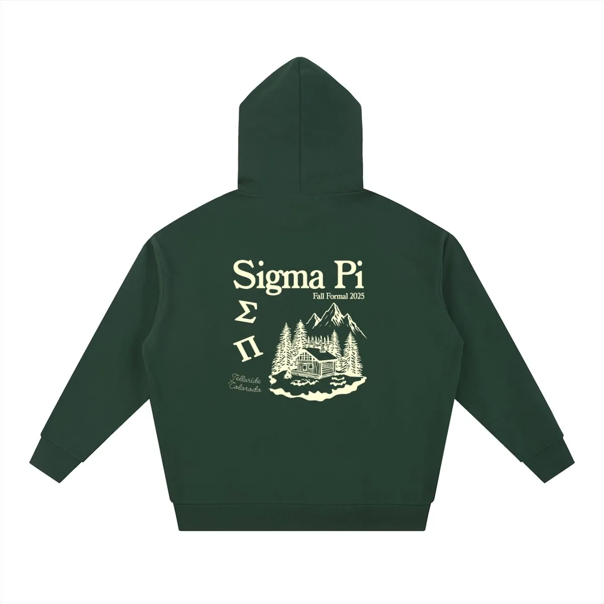 Back of the same hoodie: Sigma Pi wordmark, Greek letters and a cabin under the mountains, Telluride, Colorado