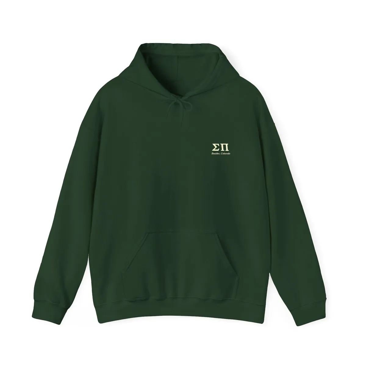 Front of the forest green Sigma Pi Fall Formal 2025 hoodie: small Greek letters and Boulder, Colorado on the chest