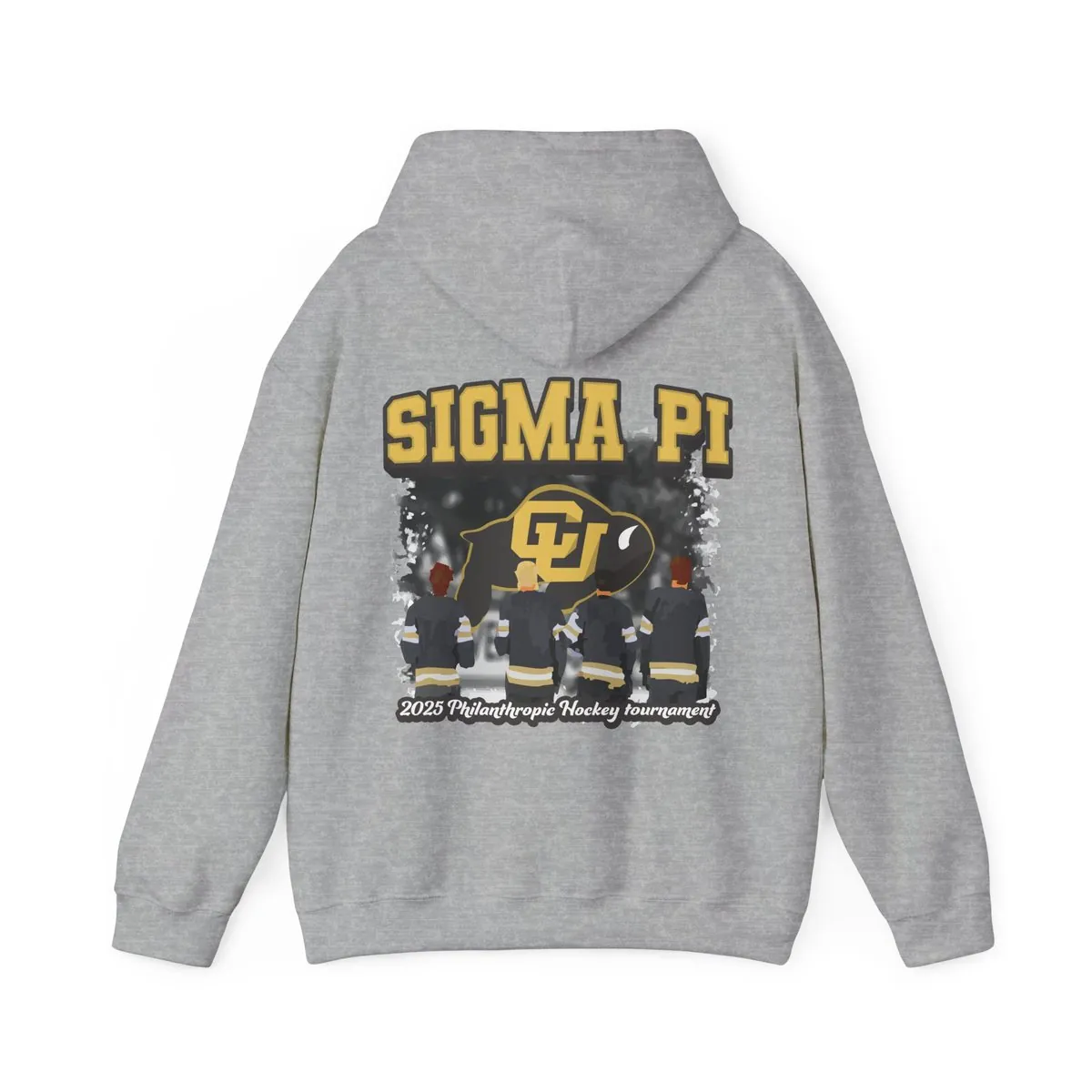 Back of the grey hoodie: Sigma Pi in gold varsity letters over an illustration of four CU hockey players and the buffalo logo, 2025 Philanthropic Hockey Tournament