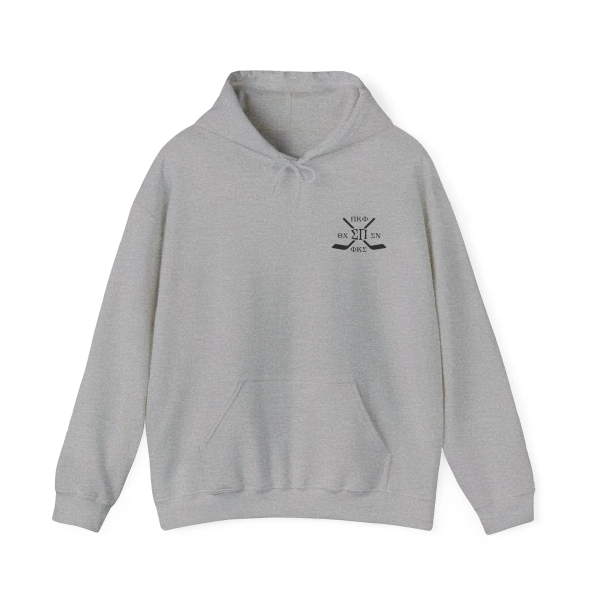 Front of the grey hockey tournament hoodie: crossed hockey sticks around ΣΠ, with ΠΚΦ, ΘΧ, ΣΝ and ΦΚΣ