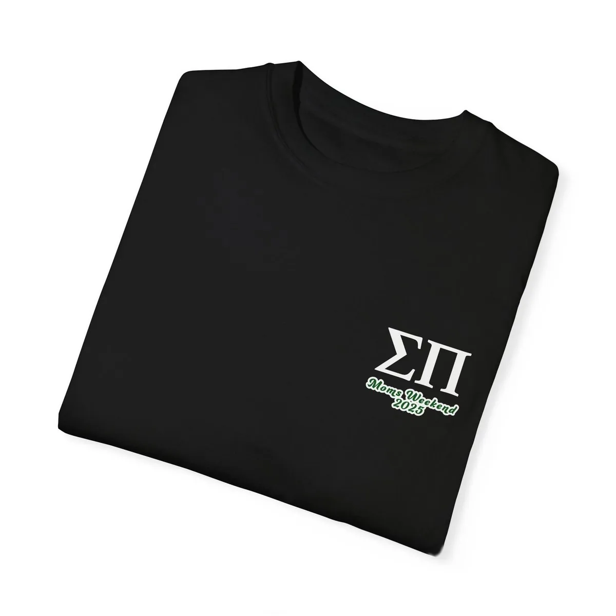Front of the black Moms Weekend tee: white ΣΠ letters with Moms Weekend 2025 in green script