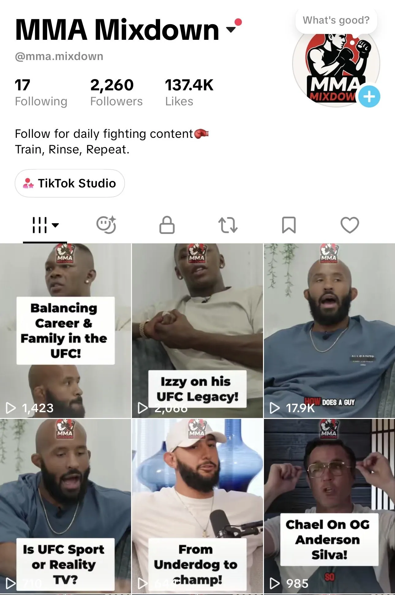 Screenshot of the MMA Mixdown TikTok profile: 2,260 followers, 137.4K likes, and a grid of captioned fighter interview clips