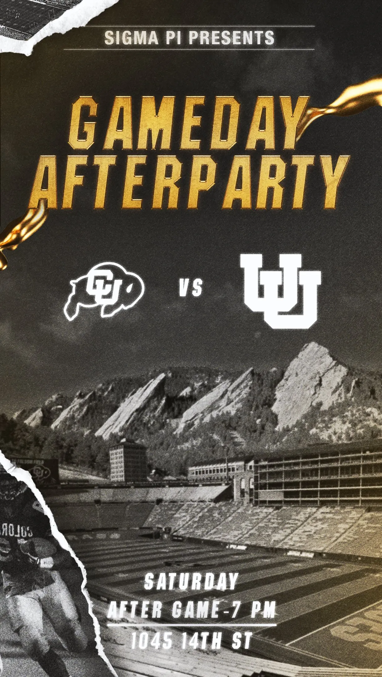 Sigma Pi Presents Gameday Afterparty story graphic in gold over Folsom Field and the Flatirons