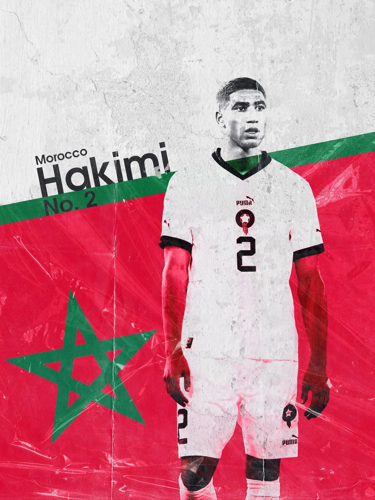 Achraf Hakimi No. 2 Morocco poster with the red field and green star of the Moroccan flag