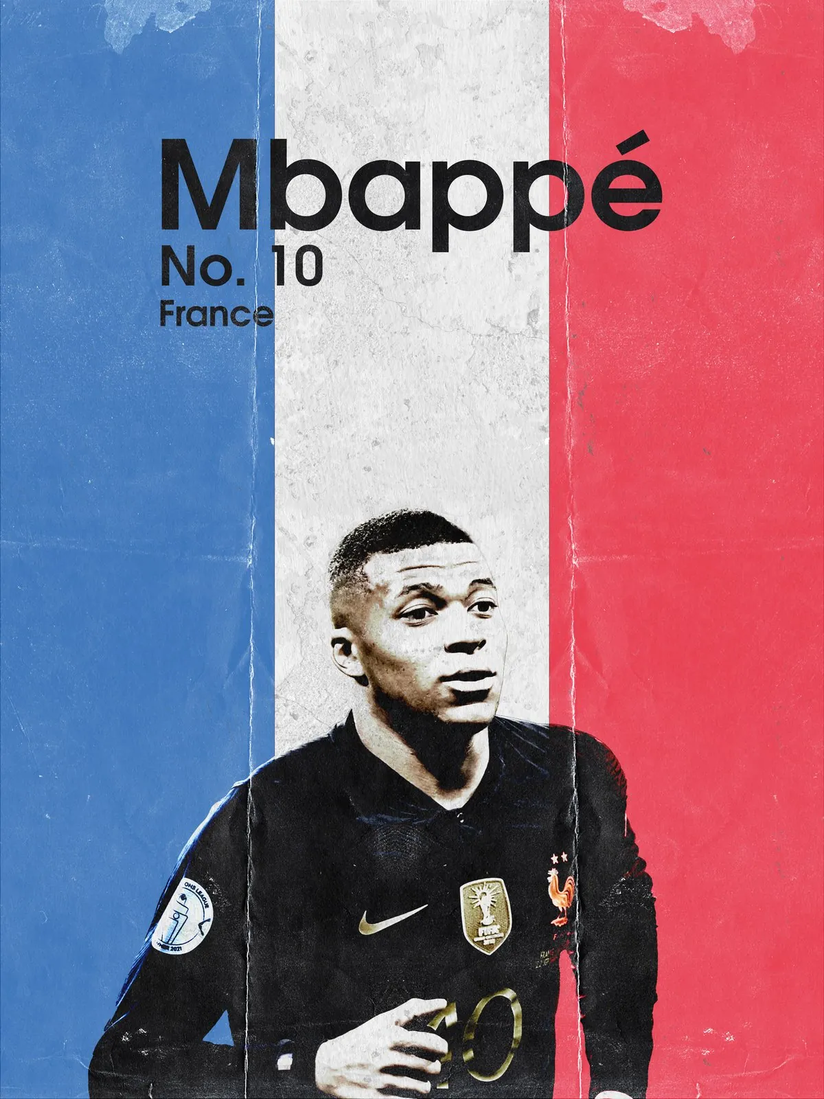 Kylian Mbappé No. 10 France poster over the blue, white and red of the French flag