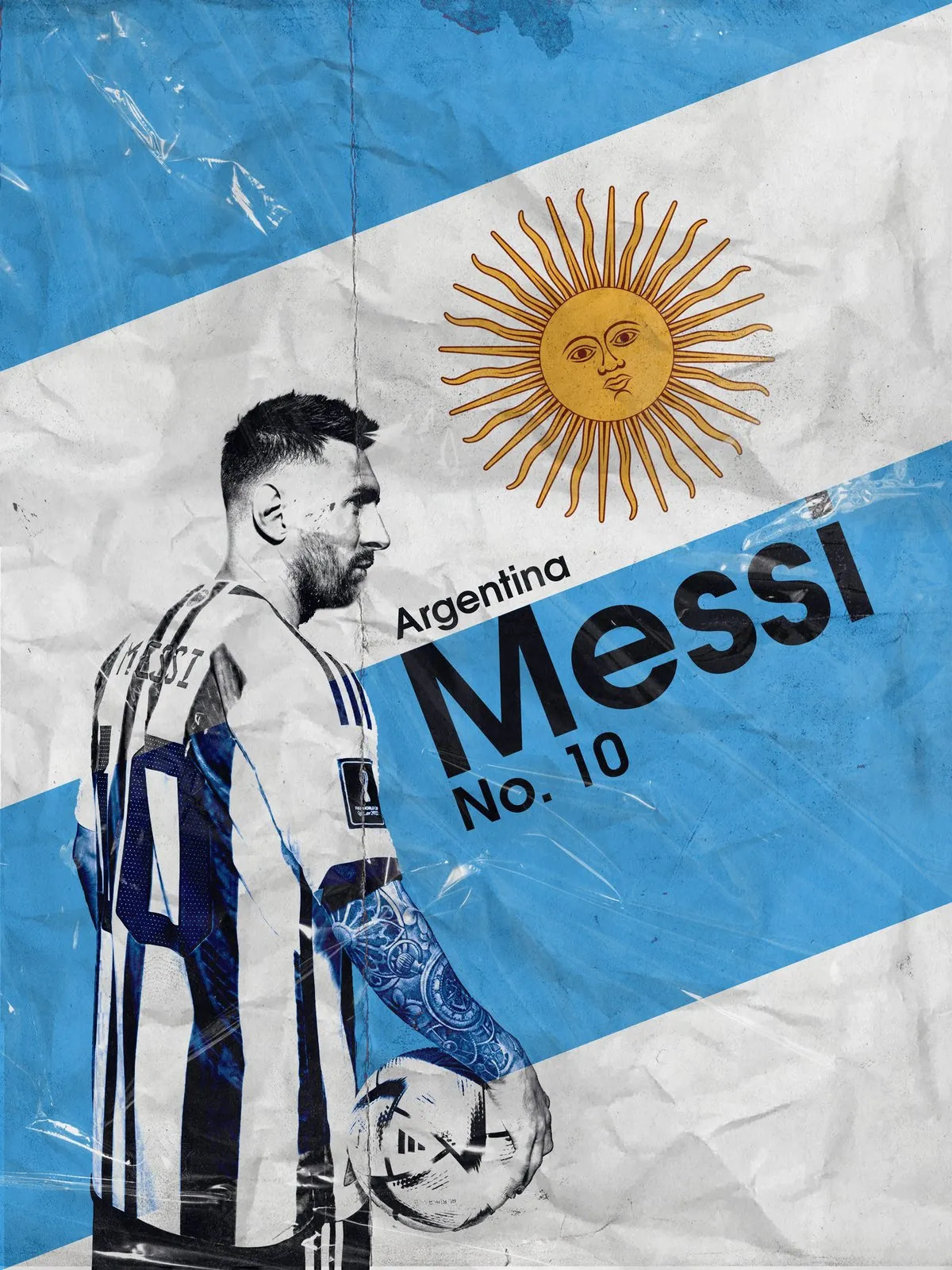 Lionel Messi No. 10 Argentina poster with the sky blue and white bands and the Sun of May