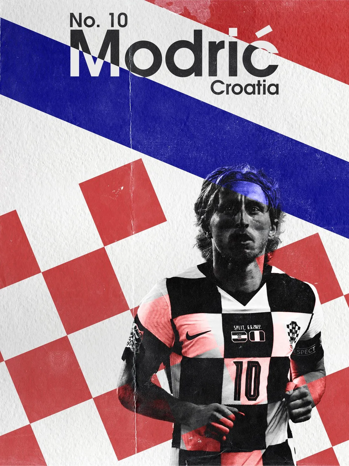 Luka Modrić No. 10 Croatia poster with a red and white checkerboard and a blue diagonal band