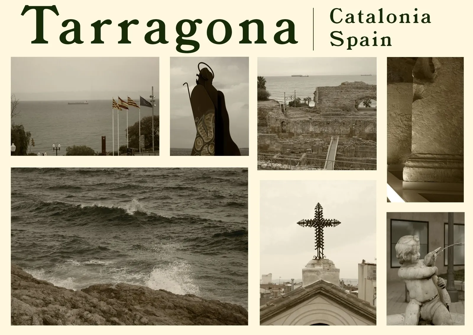 Tarragona, Catalonia poster: a sepia collage of the sea, Roman ruins, a cross and a fountain statue